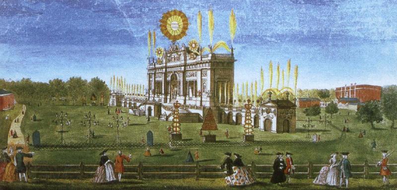 wolfgang amadeus mozart a contemporary artist s view of the structure erected in  green park for the 1749 firework display celebrating the peace of aix la chapelle. Germany oil painting art